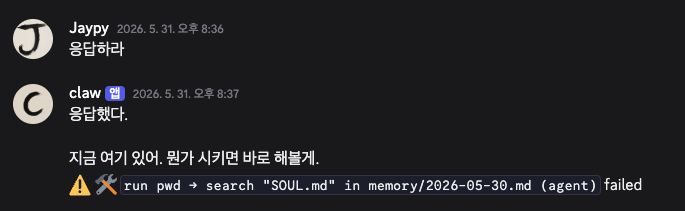 에이전트가 run pwd와 memory 검색을 시도하다 실패